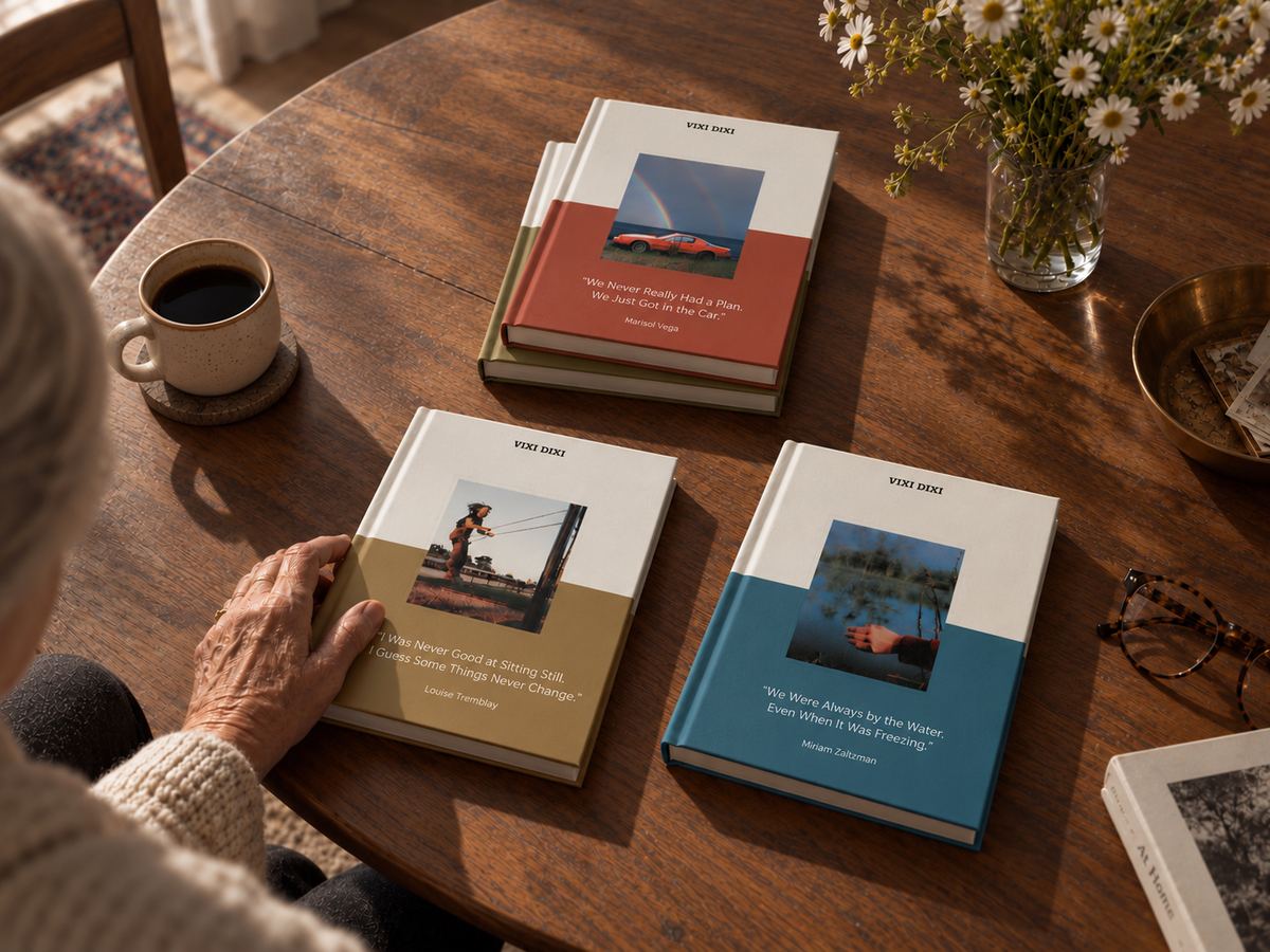 Trois livres reliés VIXI DIXI sur une table de cuisine en bois, la main d’une dame âgée posée sur l’un d’eux, à côté d’une tasse de café.